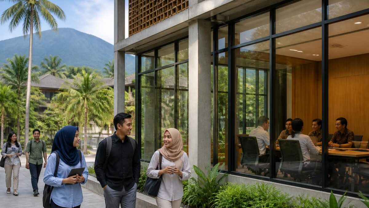 Suasana kampus Universitas Sulawesi Barat dengan mahasiswa dan tenaga akademik di area gedung perguruan tinggi