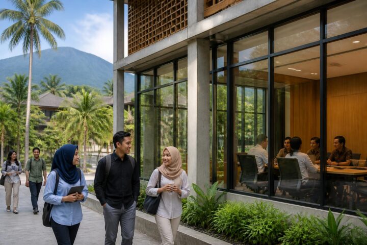 Suasana kampus Universitas Sulawesi Barat dengan mahasiswa dan tenaga akademik di area gedung perguruan tinggi